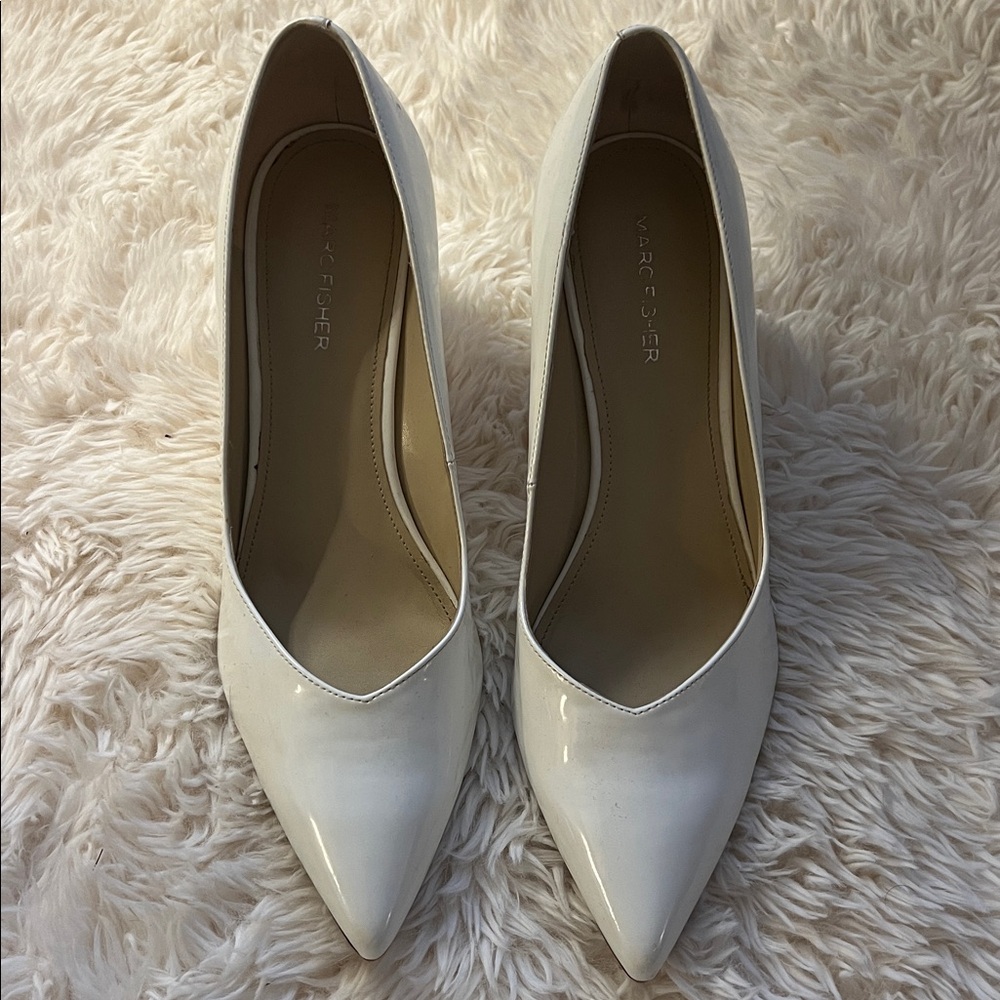 Marc Fisher Ivory Pointed Toe Patent Leather Block Heels